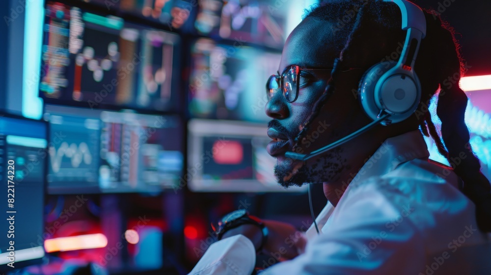 In a monitoring control room with digital screens, a professional IT technician works on a computer while wearing headphones and talking on the phone.