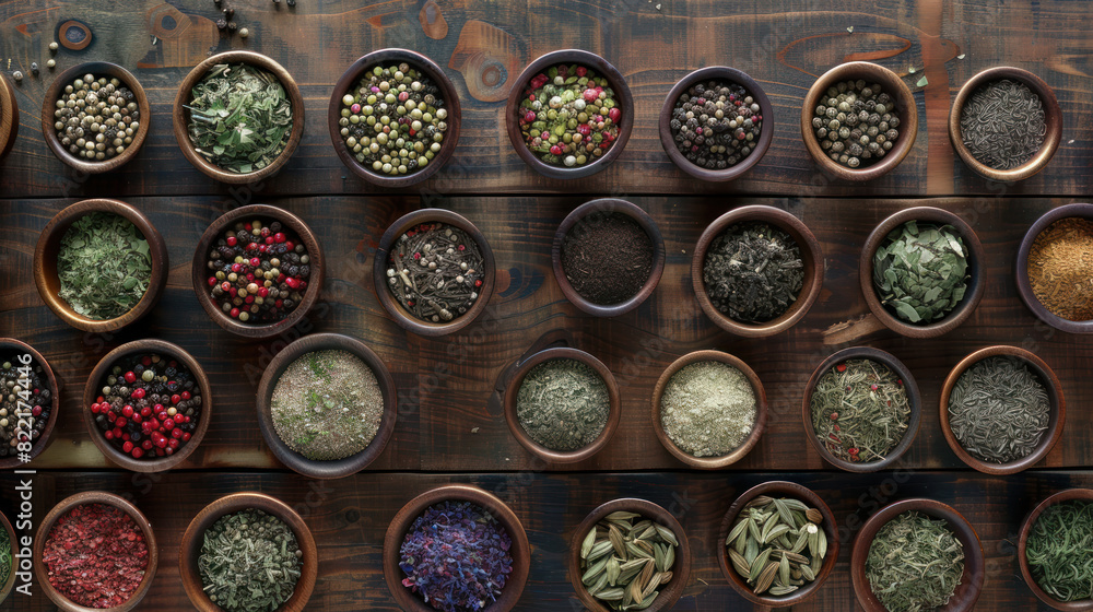 Vibrant herbs and spices meticulously displayed in small bowls on a wooden table, leaving ample room for custom labels or descriptions. Vibrant herbs and spices meticulously displayed in small bowls on a wooden table, leaving ample room for custom labels or descriptions.