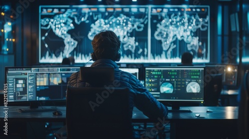 A team of IT specialists and software programmers is working in a monitoring control room with digital screens that display server data, the blockchain network, as well as surveillance maps.