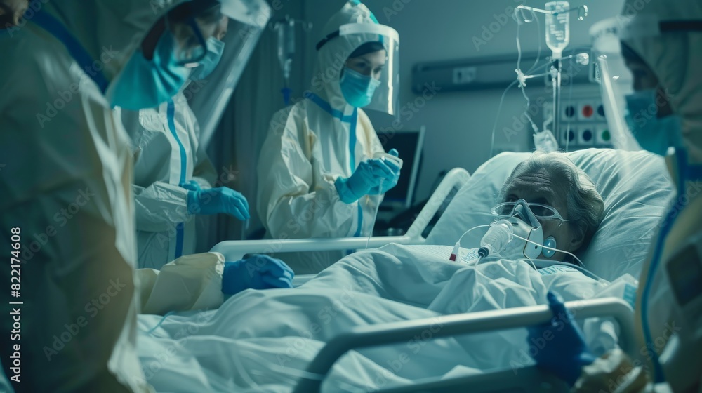 Doctors, paramedics in hospital coveralls and face mask save life of elderly female patient with Oxygen mask, drip, and heart rate sensor in Coronavirus emergency department Doctors, paramedics in hospital coveralls and face mask save life of elderly female patient with Oxygen mask, drip, and heart rate sensor in Coronavirus emergency department