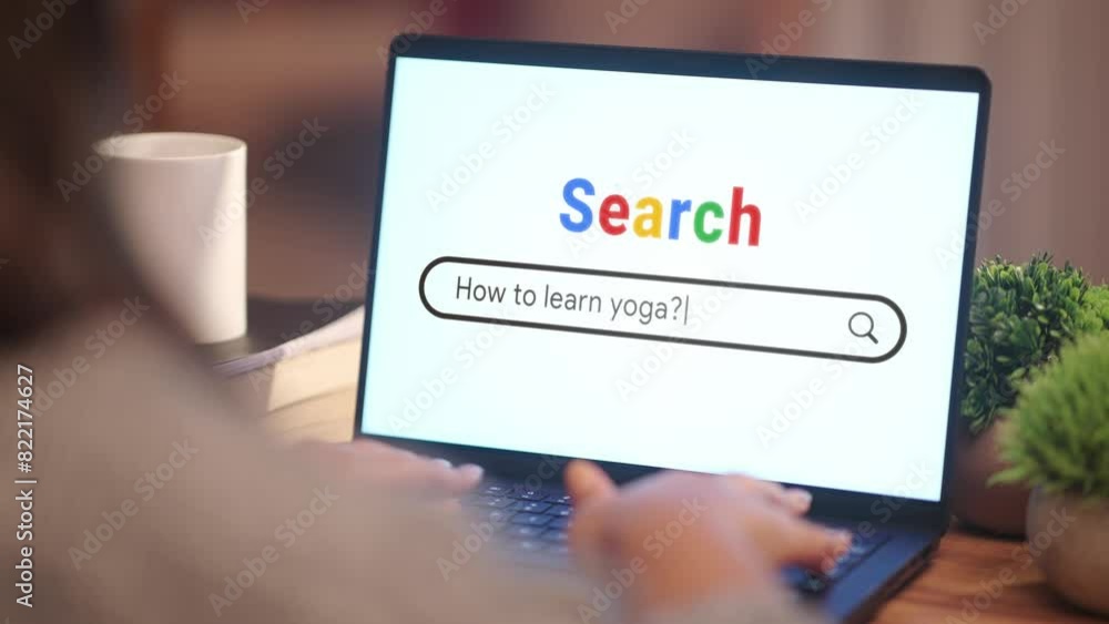 WOMAN SEARCHING HOW TO LEARN YOGA? ON INTERNET WOMAN SEARCHING HOW TO LEARN YOGA? ON INTERNET