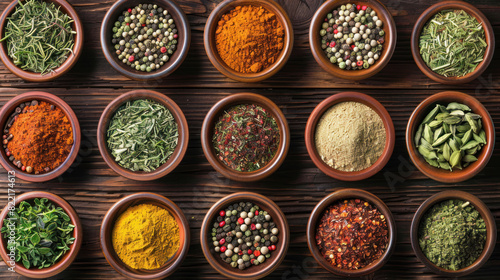 Vibrant herbs and spices meticulously displayed in small bowls on a wooden table, leaving ample room for custom labels or descriptions.