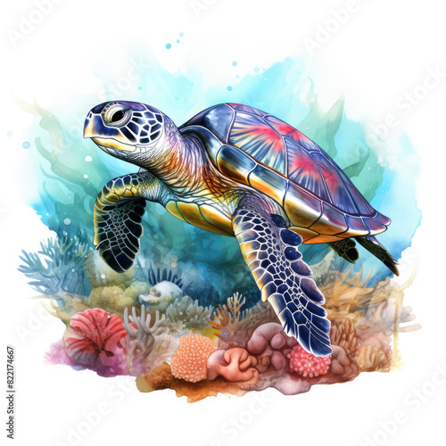Watercolor Coral Reef Sea Turtle Fish, clipart Illustration, Generative Ai