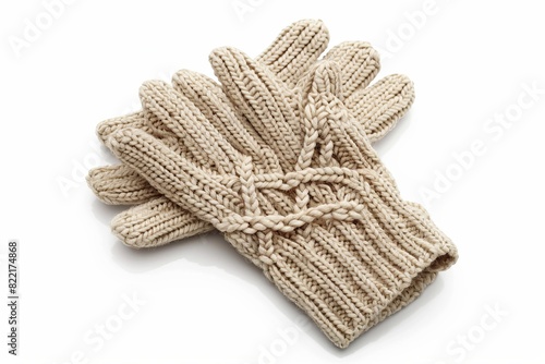 Cozy beige knit gloves with patterns on white background. Warm winter accessory