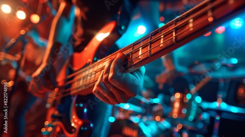 Concert in a Night Club. Musician Plays Five String Bass Guitar. Live Music Party at a Night Club with Bright Colorful Strobing Lights. photo