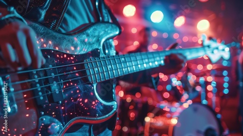 Concert in a Night Club. Five String Bass Guitar Played by a Musician. Concert in front of Bright Colorful Strobing Lights. photo