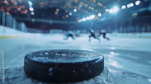 This is a close-up shot with focus on a 3D hockey puck on ice hockey rink arena. There are blurry professional players from different teams in the background trying to catch the puck. Dutch angle.