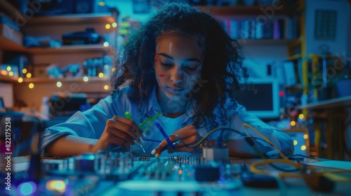 Educated teenage girl is working on a robotics project in her room. Girl is studying electronics and soldering wires and circuit boards at the same time. Education concept. photo
