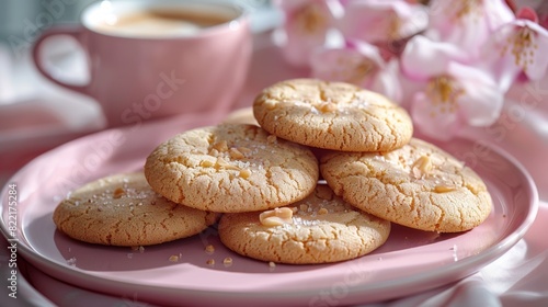 Delicious Nutty Biscuits on a Pink Plate - Tempting 4K Wallpaper with AI-generated Background，Food photography of a pile of peanut walnut shortbread cookies on a pink plate with a cup of coffee, cinem photo