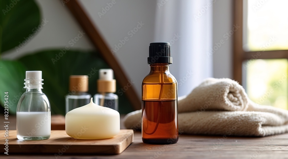 Bottles on the background of the spa room. Skin care serum or natural cosmetics with essential oil Bottles on the background of the spa room. Skin care serum or natural cosmetics with essential oil