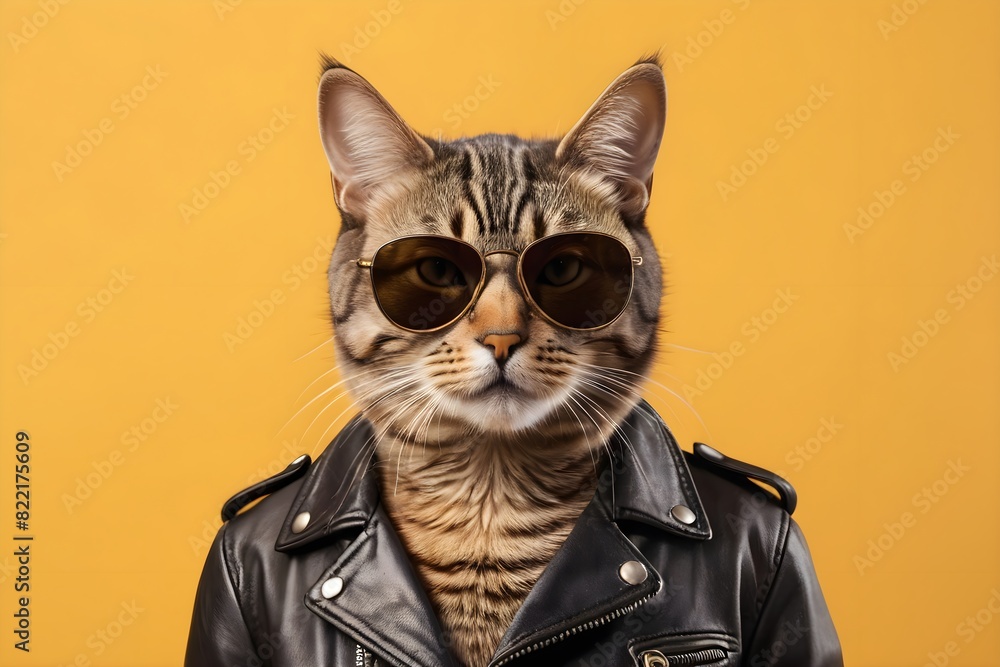 Cool and fashionable cat in sunglasses and a black leather jacket, isolated on an orange background Cool and fashionable cat in sunglasses and a black leather jacket, isolated on an orange background