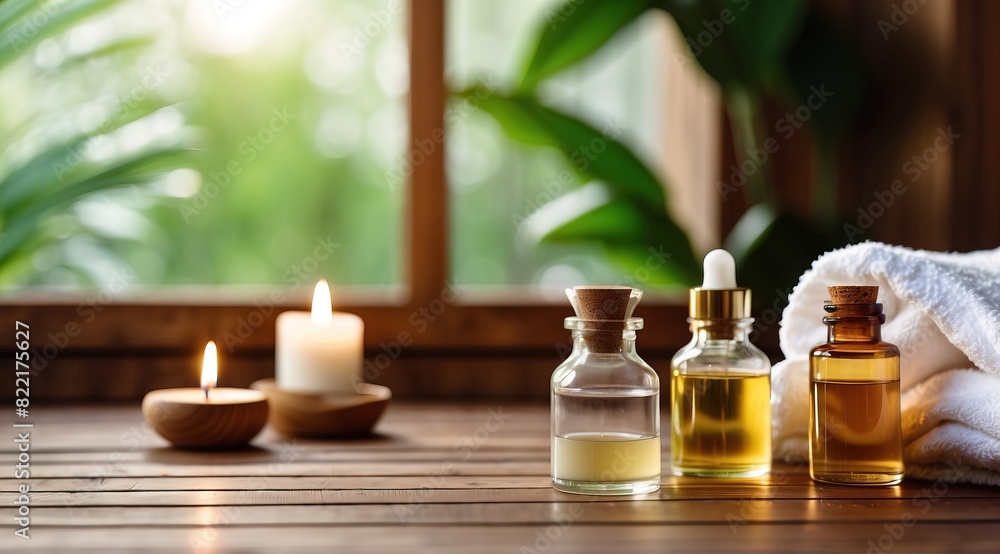 Bottles on the background of the spa room. Skin care serum or natural cosmetics with essential oil Bottles on the background of the spa room. Skin care serum or natural cosmetics with essential oil