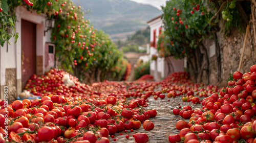 Street filled with tomatoes during La Tomatina festival.