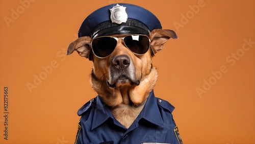 Cool canine cop - dog in police attire, wearing sunglasses, isolated on orange background
