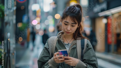 In this photograph  a Japanese woman wears smart casual clothes and is using her smartphone on the urban street. She is scrolling through the internet  chatting with people  and browsing the