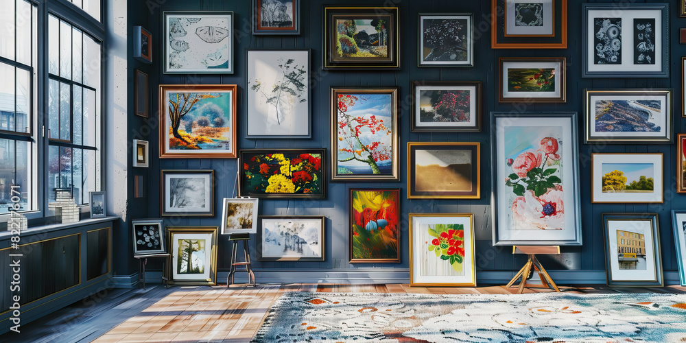 Trendy Painting Corner: The room also has a section dedicated to displaying artwork, with a gallery wall showcasing various paintings and prints in eclectic frames