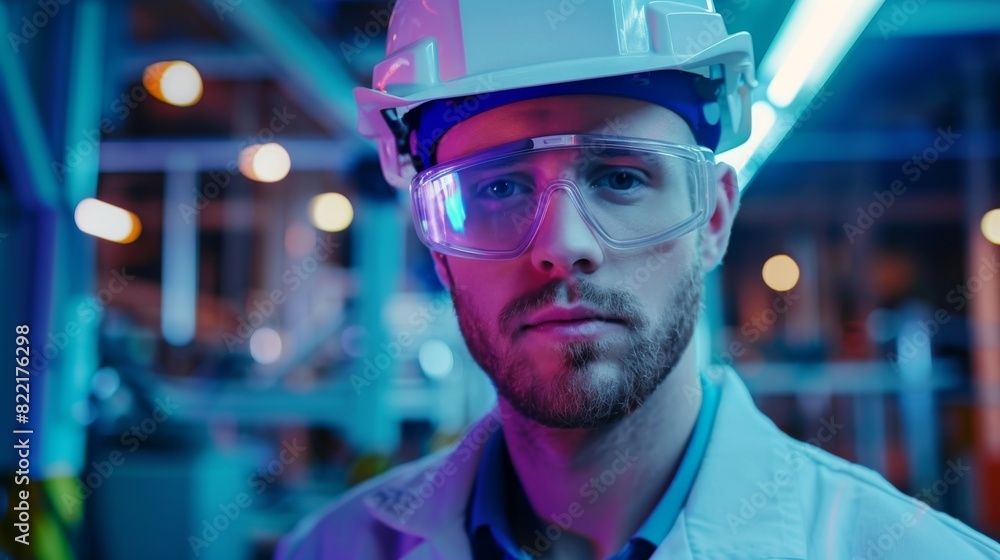 In this portrait, a young handsome, confident engineer wears safety goggles and a white hard hat while working in the office at a modern auto assembly plant. Industrial specialist working on vehicle In this portrait, a young handsome, confident engineer wears safety goggles and a white hard hat while working in the office at a modern auto assembly plant. Industrial specialist working on vehicle