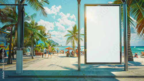 Beach scene enhances a maxi vertical blank billboard at a bustling bus stop.