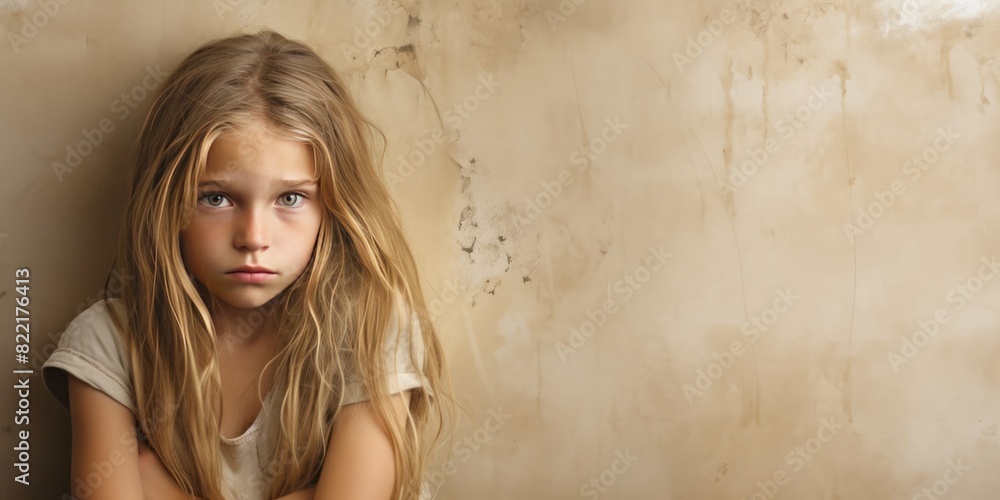Beige background sad European white child realistic person portrait of young beautiful bad mood expression child Isolated on Background depression anxiety fear burn out health issue problem mental 