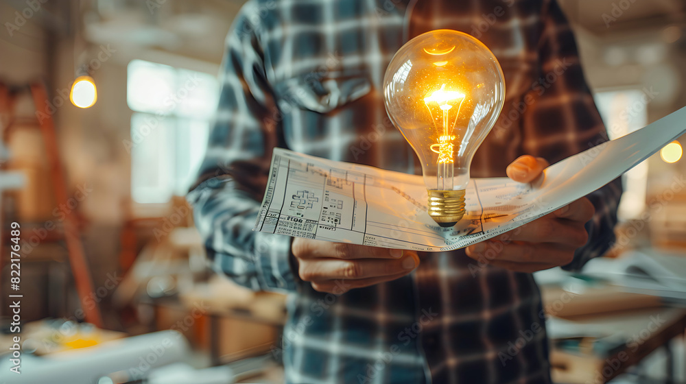 Innovative Engineer Concept: Engineer with Light Bulb and Blueprints Integrating New Ideas into Technical Work