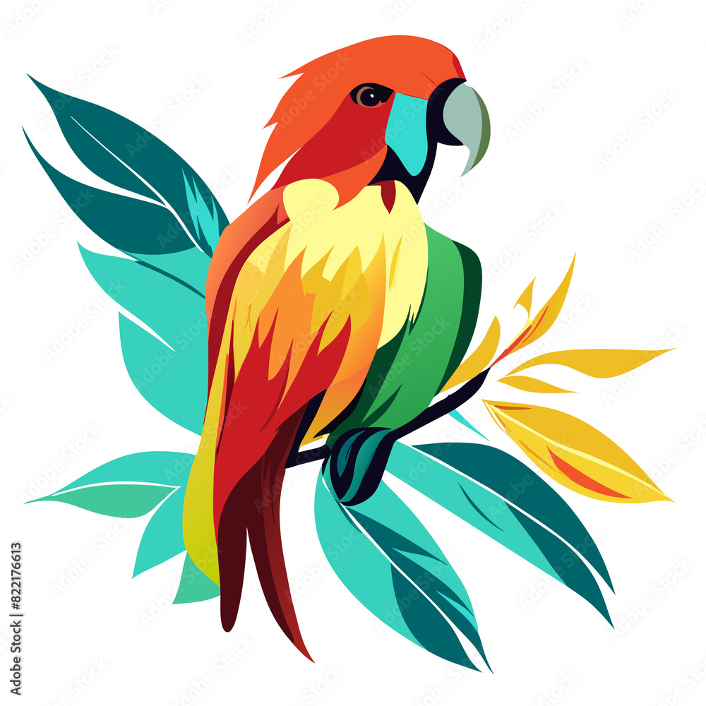 Obraz premium Colorful Macaw Parrot on a Branch in a Tropical Jungle Illustration