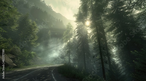 a winding mountain road, blanketed in light mist, as sunbeams filter through majestic pine trees, creating long shadows and highlighting the glistening dew on the leaves.