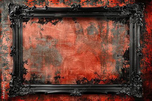 Vintage black ornate medium frame on a grunge rust-red wallpaper. photo