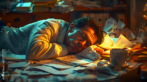 Exhausted Employee Sleeping at Desk Surrounded by Work Papers, Illustrating the Toll of Working Hard and the Need for Rest   Photo Realistic Concept on Adobe Stock © Gohgah