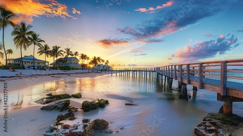 Panorama view of footbridge to the Smathers beach at sunrise - Key West, Florida.