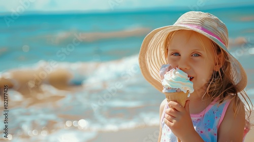 the child eats ice cream on the background of the beach. Selective focus