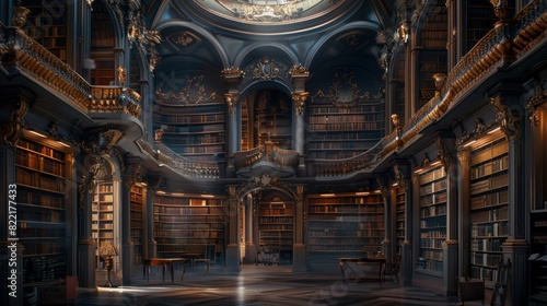 Grand library interior with bookshelves and sunlight
