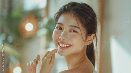 Stunning Asian Woman Touches Her Perfect Soft Shoulders, Neck, Senselessly Smiles in the Mirror. Happy Female Enjoying Her Beauty. Wellness Natural Cosmetic Skincare Products. photo