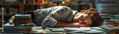 Photo realistic depiction of an exhausted employee sleeping at desk surrounded by work papers, illustrating the toll of working hard and the need for rest photo