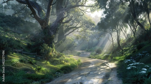 a winding mountain road  blanketed in light mist  as sunbeams filter through majestic pine trees  creating long shadows and highlighting the glistening dew on the leaves.