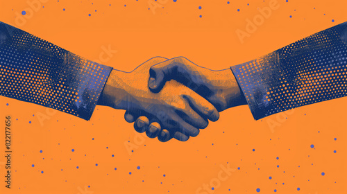 Stylized handshake in a poster style. In the style of lithography in blue and orange colors. photo