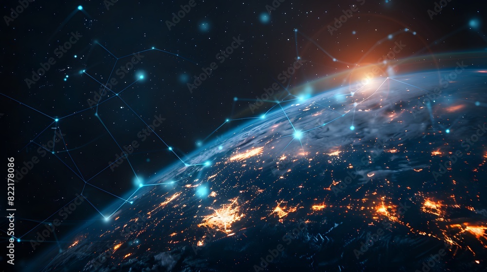 Digital planet Earth with glowing connections and data flow lines in space, depicting a global network concept as a background for technology or business theme design.
Digital planet Earth with glowing connections and data flow lines in space, depicting a global network concept as a background for technology or business theme design.