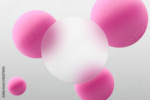 Light background, spheres with a rectangular plate, background in the style of glass morphism. © lesikvit
