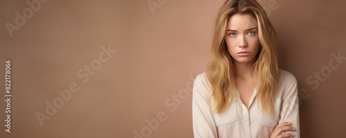 Beige background sad european white Woman realistic person portrait of young beautiful bad mood expression Woman Isolated on Background depression anxiety fear 