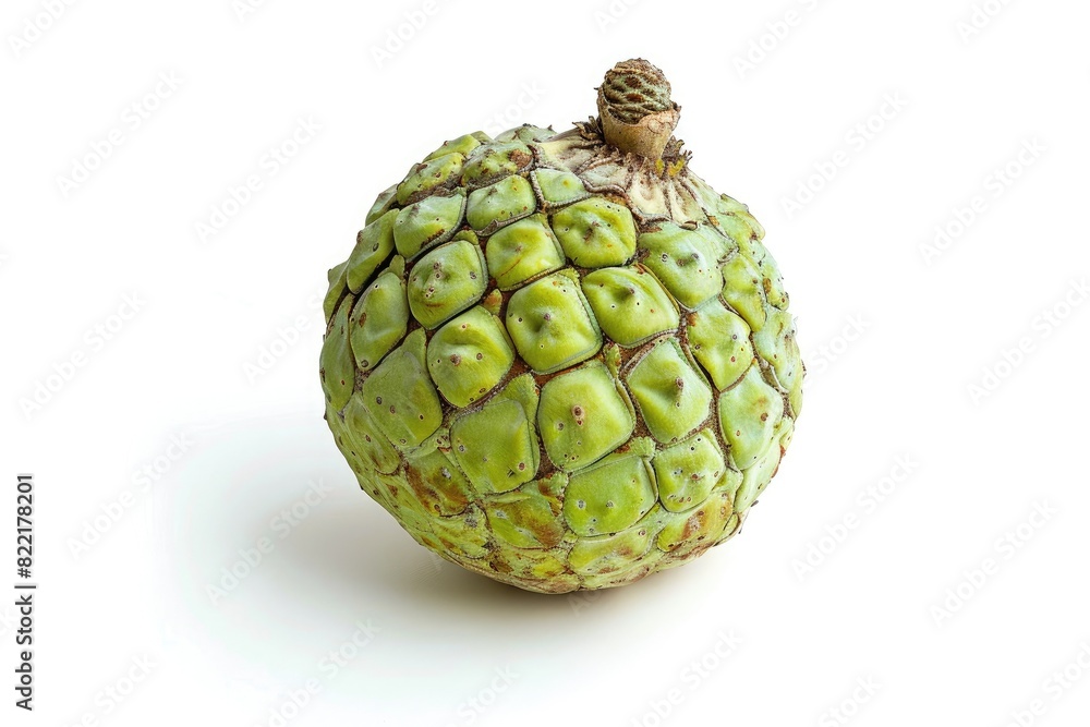Fototapeta premium Close-up of a single green custard apple with a textured surface, isolated on a white background, showing detailed patterns and natural color.