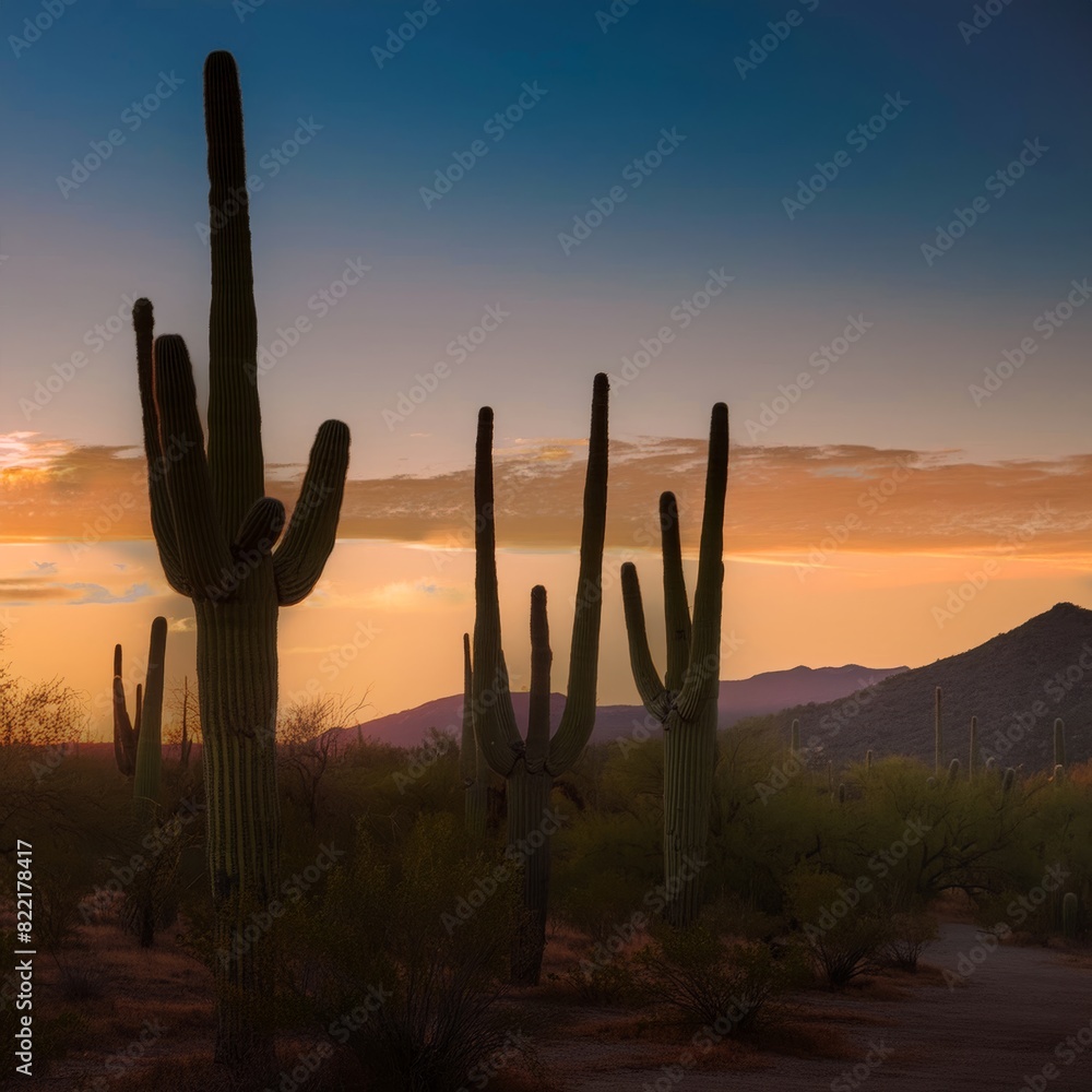 Saguaro desert cacti in arizona at sunset