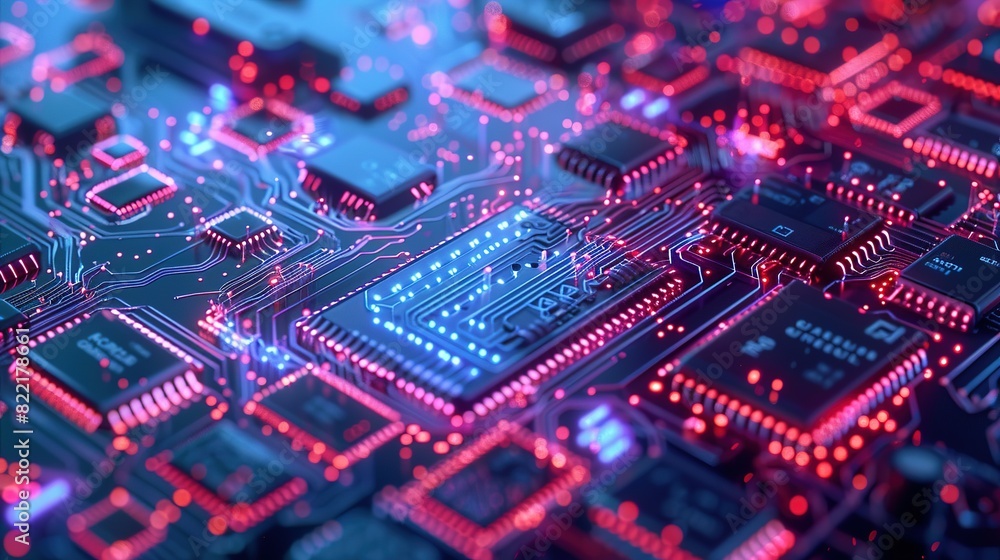 Abstract technology background featuring a quantum computing system with a processor and electronic circuits, artificial neurons, and global data connections. Abstract technology background featuring a quantum computing system with a processor and electronic circuits, artificial neurons, and global data connections.