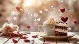 Cup of coffee and cake, cup of coffee and slice of cake with hearts.