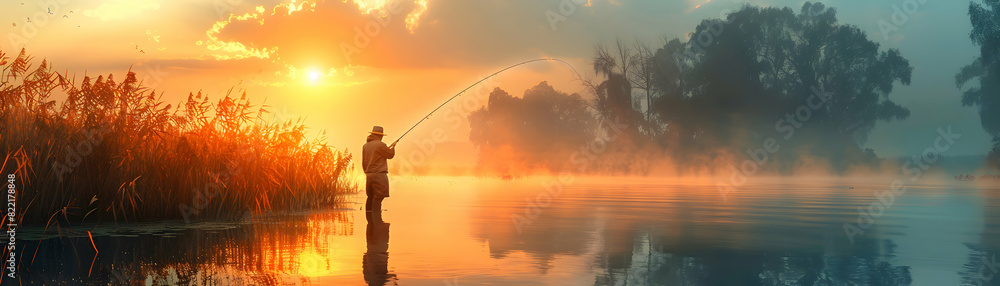Fishing at Sunrise: A Man Embracing Serenity on a Tranquil Lake at Daybreak   Photo Realistic Stock Concept