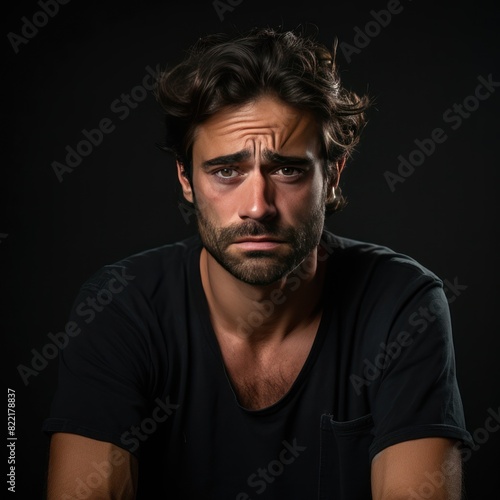 Black background sad european white man realistic person portrait of young beautiful bad mood expression man Isolated on Background depression anxiety fear 
