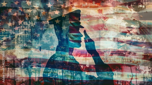Flag design with saluting soldier on a USA grunge background.