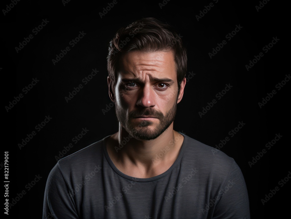 Black background sad european white man realistic person portrait of young beautiful bad mood expression man Isolated on Background depression anxiety fear burn out health issue problem mental 