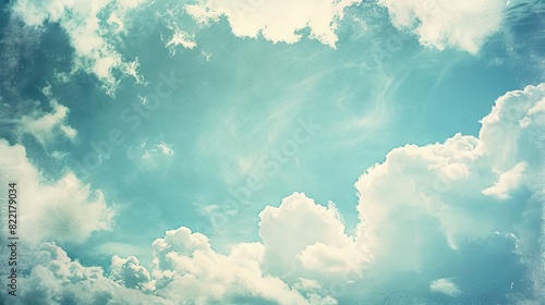 Soft fluffy cloudy white center surrounded by faded vintage textured border on pastel sky blue background photo
