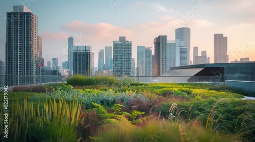 Green rooftop terrace overlooking modern cityscape