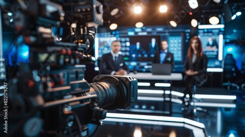 A TV news program with two anchors reporting live events, discussing business, economy, science, entertainment. A TV cable channel with a variety of anchors in the newsroom. photo