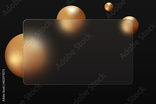 Banner made of transparent frosted glass with gold spheres on a black background.